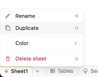 Sheet duplicate menu